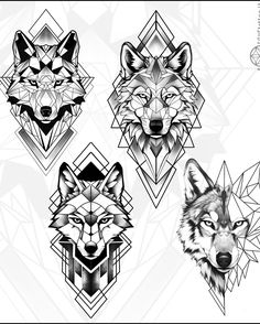 four wolf heads with geometric shapes