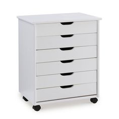 a white dresser with five drawers and black handles