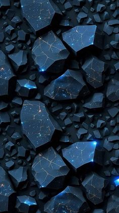 an abstract background made up of many different shapes and sizes, with blue lights coming from them