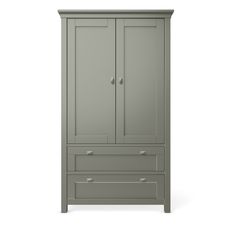 a gray armoire with two drawers and one door