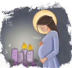 a pregnant woman standing in front of candles with the moon above her and texting on it