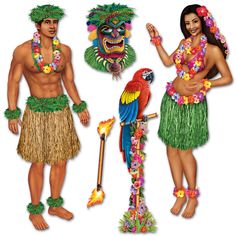 two hawaiian hula dancers and a man with a parrot on his arm holding a torch