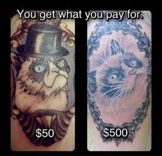 two different tattoos with cats on them, one has a hat and the other has a cat