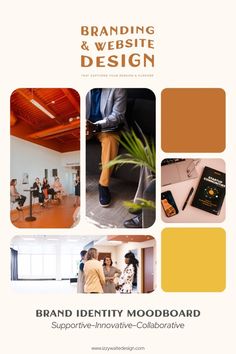 a brochure for branding and website design with images of people working in an office