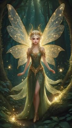 a woman dressed as a fairy standing in the woods