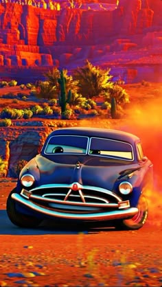 an old car driving through the desert in front of some rocks and cactus trees with bright colors