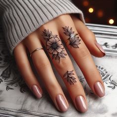 Thumb Mandala Tattoo, List Of Names Tattoo, Floral Ring Tattoo, Hand Tattoos For Women Flowers, Finger Tatoos Woman, Inner Hand Tattoo, Sunflower Finger Tattoo, Witchy Hand Tattoos For Women