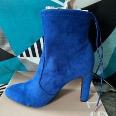 Brand New Blue Booties Blue Pointed Toe Heels For Winter, Blue Ankle-high Boots For Spring, Casual Blue Pointed Toe Boots, Blue Suede Block Heel Shoes, Blue Suede Heels With Block Heel, Casual Blue High Heel Boots, Casual Blue Heels Medium Width, Casual Blue Heels For Fall, Blue Suede Boots With Round Toe