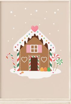 a gingerbread house with candy canes and candies in the snow on a beige background