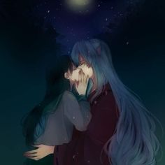 two people are kissing under the stars in the night sky, one is wearing a red dress and the other has long blue hair