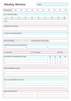 a printable workbook with the words weekly review on it