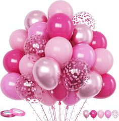 a bunch of pink and silver balloons with confetti