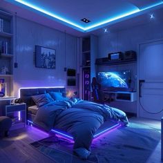 a bedroom with blue lights on the ceiling and a large bed in front of a flat screen tv