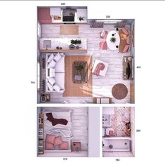 an overhead view of a bedroom and living room from above, with the floor plan shown