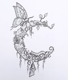 a drawing of a crescent with flowers and a butterfly on it