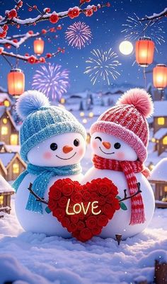 two snowmen holding a heart with fireworks in the background