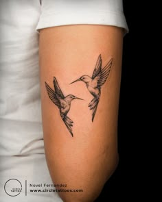 a woman's arm with two hummingbirds flying in the air, and one bird is