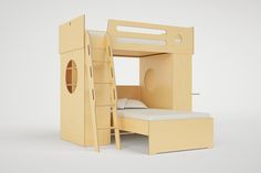 a wooden bunk bed with a ladder to it