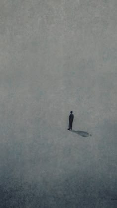 a man standing in the middle of a foggy field