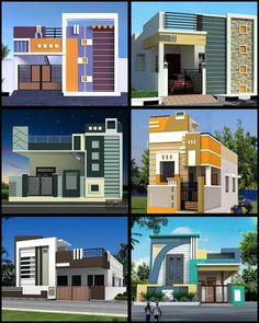 four different types of small houses in the same color and size, each with an open floor plan