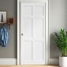 a potted plant sitting next to a white door in a room with gray walls