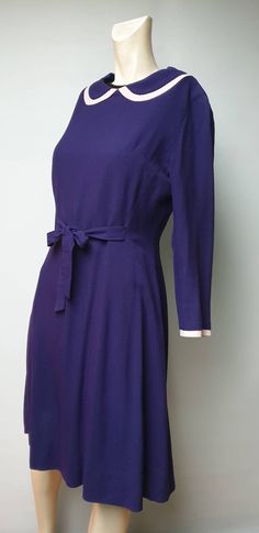 "Vintage 40s purple dress , perfect vintage condition,all hand sewn ,beautiful  two color detile on collar and sleeve hem. Metal zip on back ,belt on waist line,3/4 sleeve. Measuremants Shoulder 11cm  4.5\" Sleeve  54cm  21\" Bust 96cm  38\" Waist  76cm  30\" Hips  104cm  41\" Total length back  95cm  37,5\"" 1930s Purple Dress, Purple Vintage Dress, Vintage Purple Dress, Vintage Cotton Dress, 40s Dress, Dresses 40s, Purple Vintage, Dress Unique, Handmade Dress