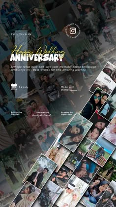 an advertisement for the anniversary party with many pictures and words on it's side