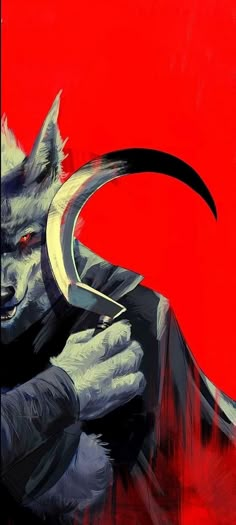 a painting of a wolf holding a knife and looking at the camera with red background