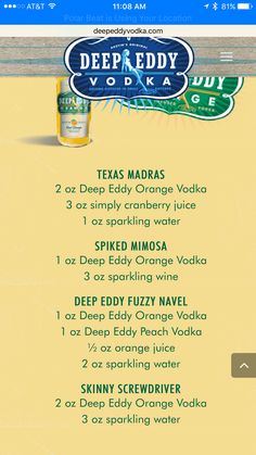 the menu for deep eddy vodka, which is also available on iphone or android devices