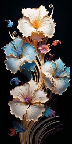 an artistically designed flower arrangement with blue and white flowers on a black background photo