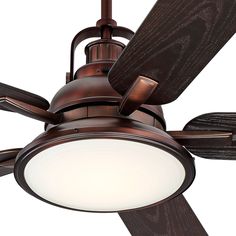 a ceiling fan with a light on top of it and a wooden blades attached to the blade