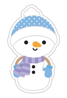 a snowman with a blue hat and scarf on it's head, standing in front of a white background