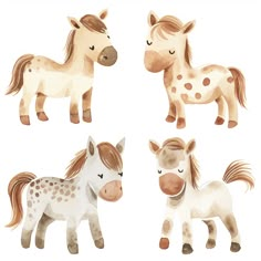 four watercolor horses are shown in three different positions, one is white and the other is brown