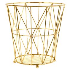 a gold metal wire basket with wheels on the bottom and sides, in front of a white background