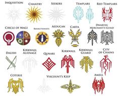 an image of different types of emblems on a white background, including the names and symbols