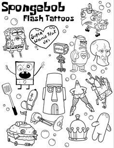 spongebob flash tattoos coloring page with lots of cartoon characters in black and white