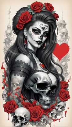 a woman with skulls and roses in her hair is holding a heart shaped rose on her shoulder