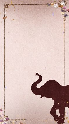 an elephant is silhouetted against a pink background with gold and purple flowers on it