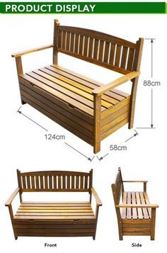 the wooden bench is shown with measurements for each seat and back side, as well as its