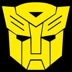 an image of a yellow and black transformer mask on a black background with the words,