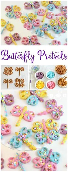 the butterfly pretzels are decorated with sprinkles and other colorful decorations