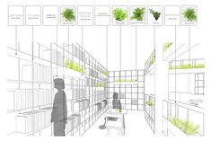 an architectural drawing shows the interior of a building with plants growing on shelves and people standing in