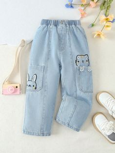 Medium Wash  Collar  Denim Cartoon Straight Leg Embellished Non-Stretch  Young Girls Clothing Boys Denim Shorts, Girls Denim, Kids Beachwear, Casual Girl, Girls Jeans, Girls Clothing, Maternity Bag, Fashion Online Shop, Fashion Pants