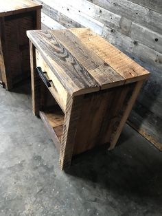 two wooden tables sitting next to each other