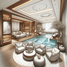 an artistic rendering of a luxurious bedroom with a pool in the center and lots of furniture around it