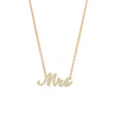 The perfect gift for the bride to be or your Mrs! Celebrate your loved one with this elegant pave scripted Mrs necklace, which will become a treasured gift for years to come! Available in 14K White, Yellow and Rose Gold Available in two chain lengths = 14-16in and 16-18in Letter height = 7.5mm Diamond weight = 0.24 carats, approximately Mrs Necklace, Gift For The Bride, Diamond Cocktail Rings, Band Bracelet, Tennis Necklace, Mens Band, Diamond Shop, Bride To Be, Bracelet Collection