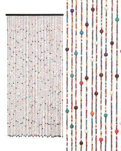 beaded curtains with colorful beads hanging from the side and an open curtain on the other side