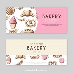 two bakery banners with different types of pastries and cakes on the front, one is pink