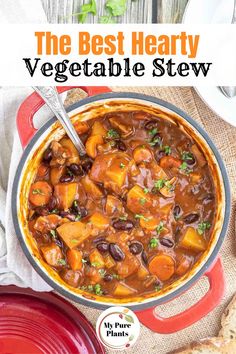 the best hearty vegetable stew is in a red pot with bread on the side