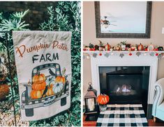 two pictures of pumpkins on the mantel and in front of a fire place